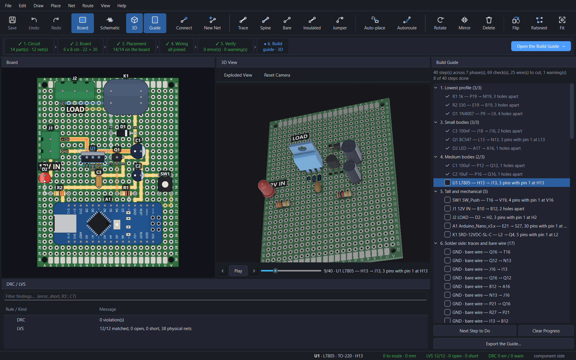 Board, 3D and the build guide side by side: eight steps ticked off, and the next one, the 7805, picked out in all three