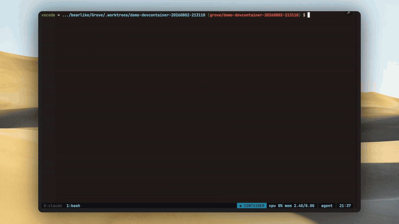 Grove creating a containerized workspace: the create modal selects the Container runtime after finding the project's .devcontainer/devcontainer.json, then Claude Code runs inside the container behind a DEV CONTAINER statusline reporting the container user, the branch, and the container's own CPU and memory limits