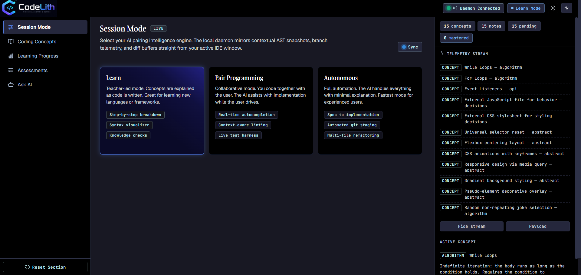 CodeLith Dashboard - Learning Progress