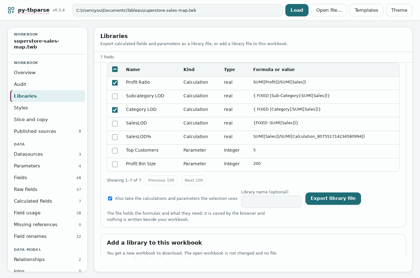 Libraries: Profit Ratio and Category LOD ticked among 7 calculations and parameters, and the Export library file button