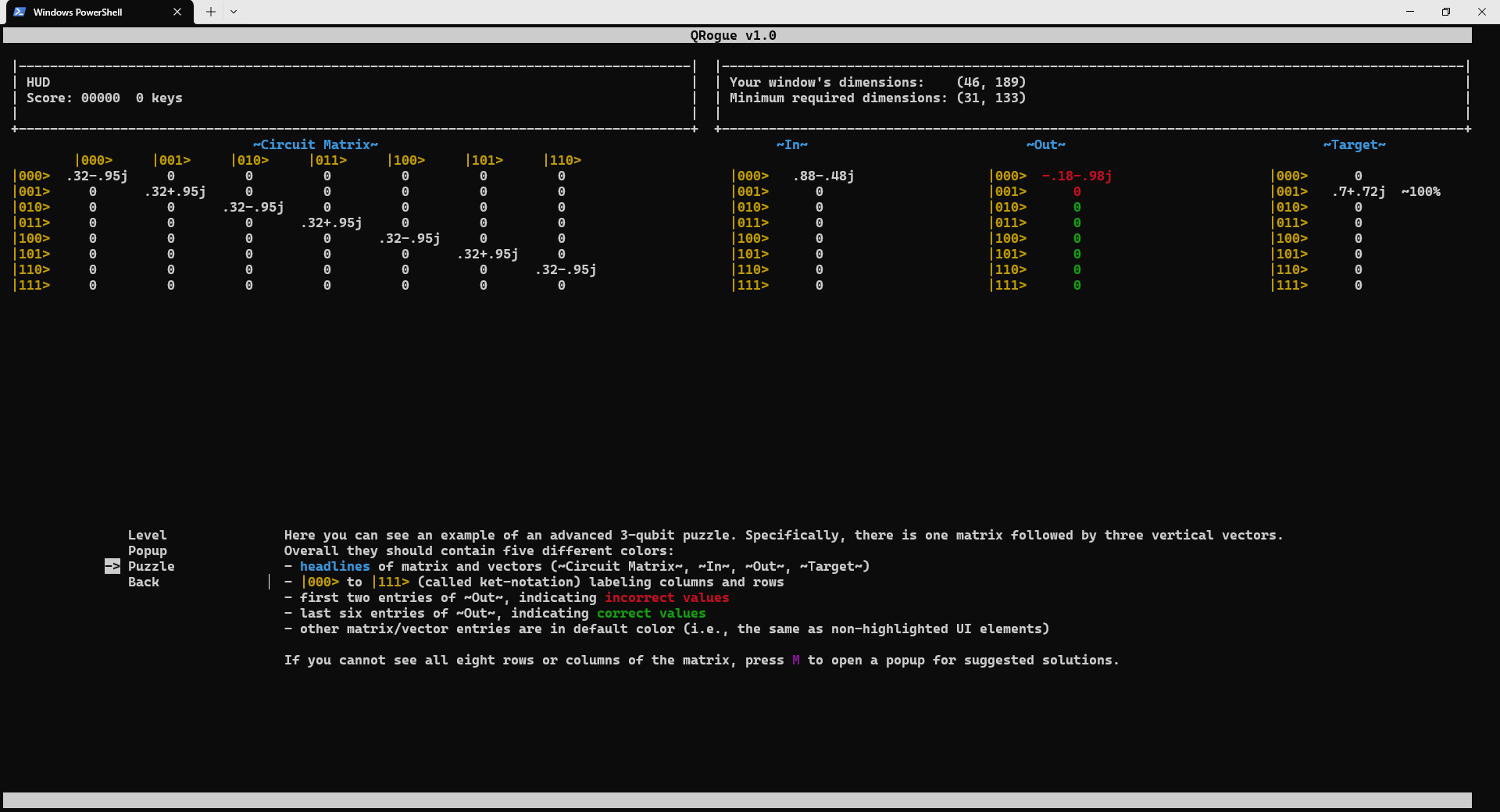 Screenshot of Screen check-menu's puzzle section: regular matrix.