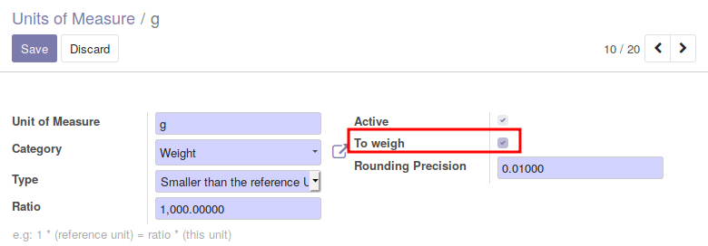 Can't change the field 'to weigh' for one unity of measure