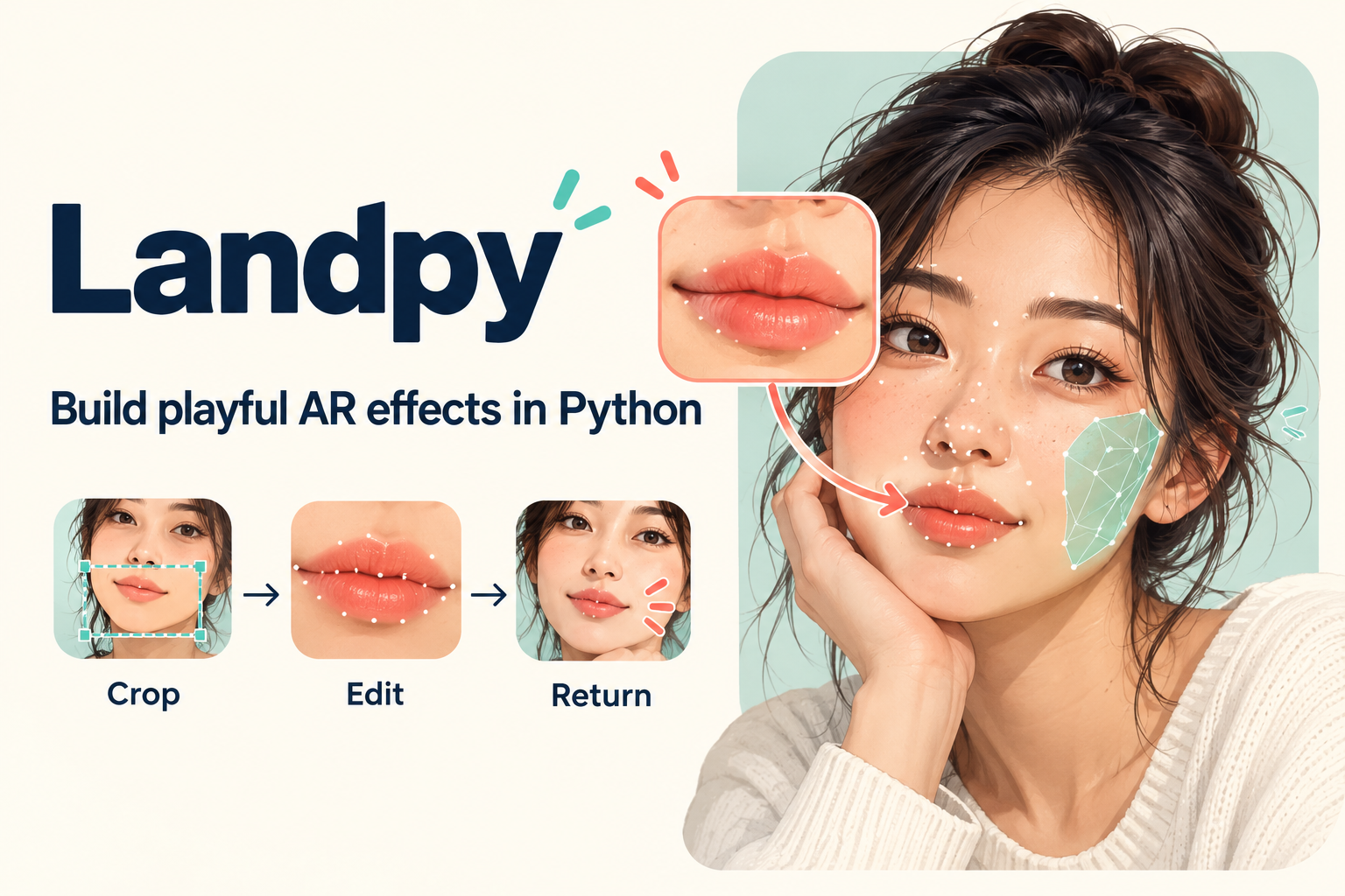 Landpy AR illustration: crop a face region, edit it, and return it