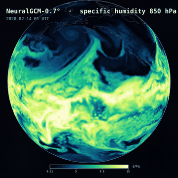 A 12-day NeuralGCM-0.7° forecast of 850 hPa specific humidity on a rotating globe