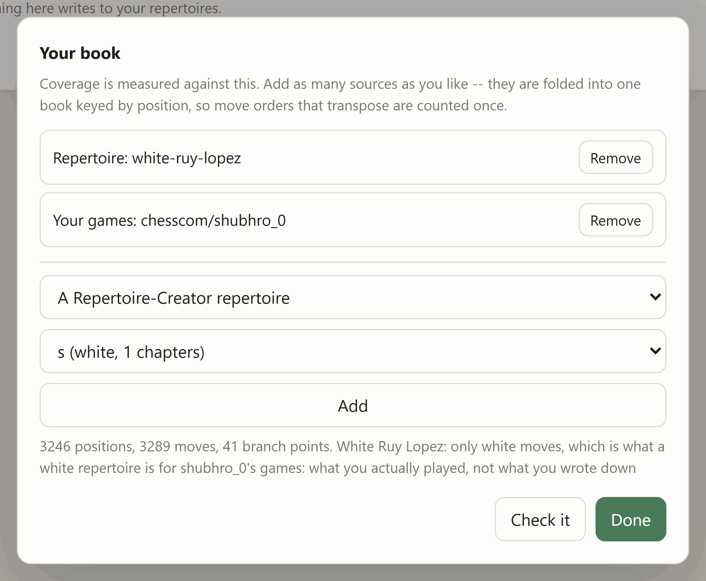 The book dialog with two sources stacked -- a Repertoire-Creator repertoire and the user's own Chess.com games -- and the built book reported underneath as positions, moves and branch points