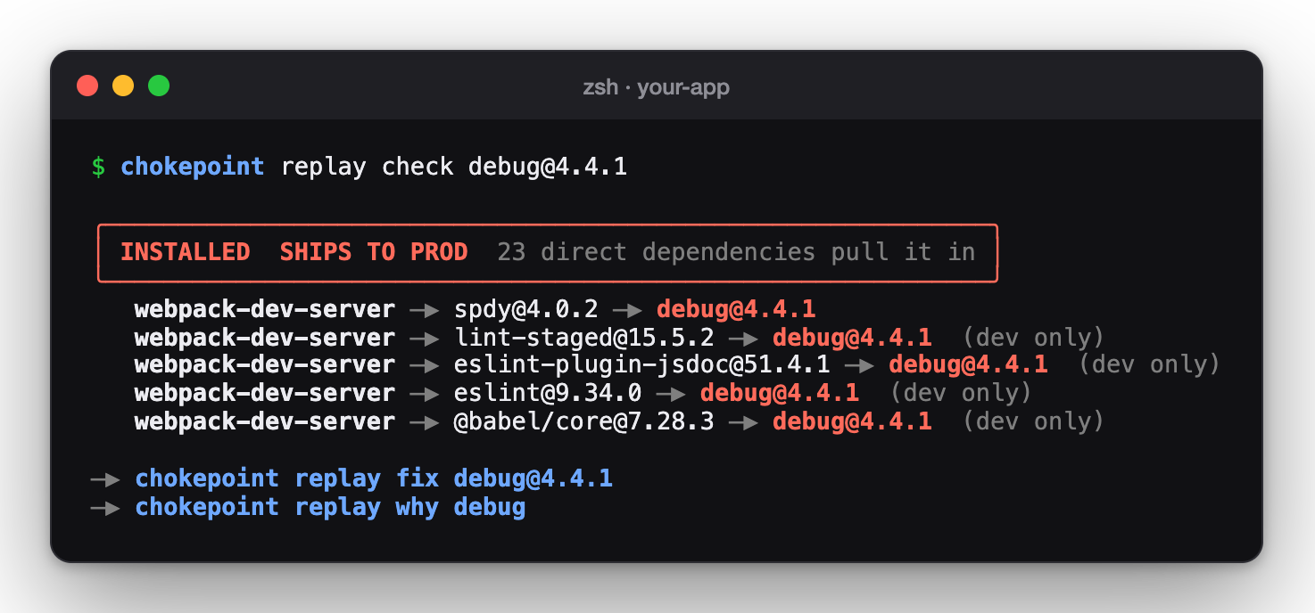 chokepoint replay check: INSTALLED, SHIPS TO PROD, and every road from the app to debug@4.4.1