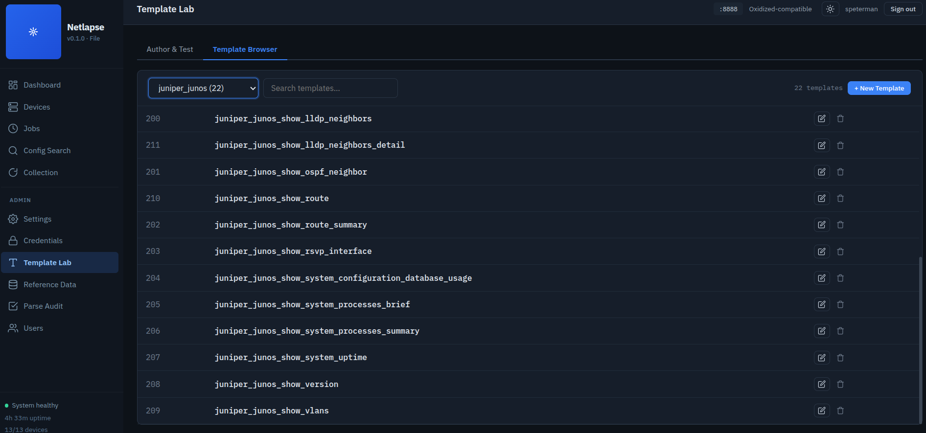 Template browser: the 296-template tfsm-fire library browsable in-app, filterable by platform/vendor, each entry showing its template name and fields — the parser's matching surface made visible