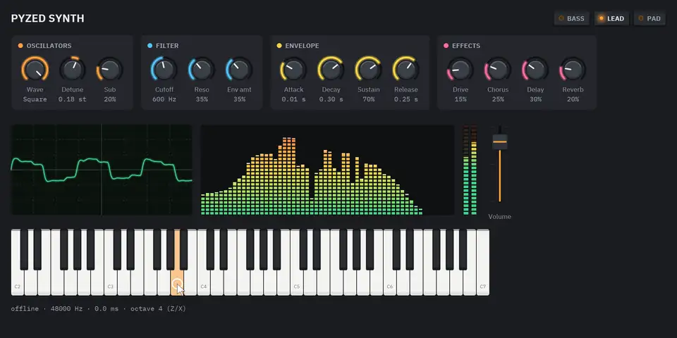 A synthesizer made with Pyzed playing notes, with moving knobs, oscilloscope and spectrum