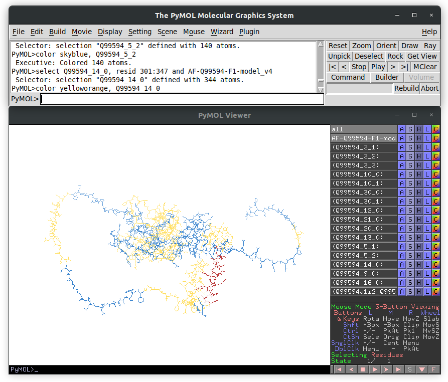 Screen capture of the PyMOL session for the ``ENST00000338863`` transcript showing the s-exons alternating in light blue and yellow, and the ARSU in red.