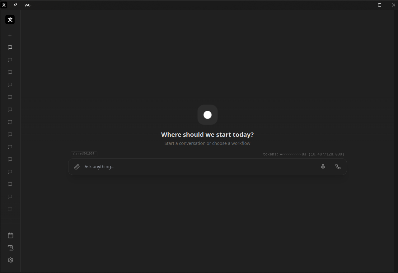 The VAF desktop window: conversation list on the left, the agent's mark, and a prompt