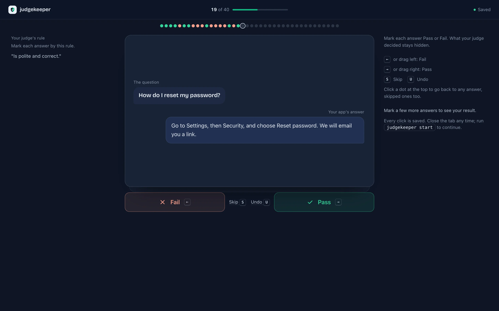 The marking page: a question, your app's answer, and equal Fail and Pass buttons. What your judge decided stays hidden.