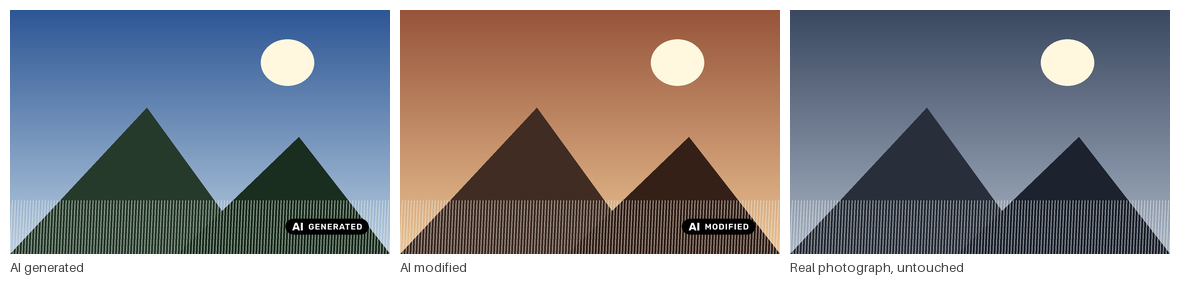 Three images: one labelled AI GENERATED, one labelled AI MODIFIED, one untouched