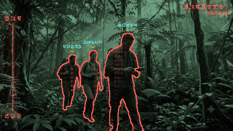 Ghost Signal: green scenery, red outlined figures with rising Cyber code and yellow overhead carets