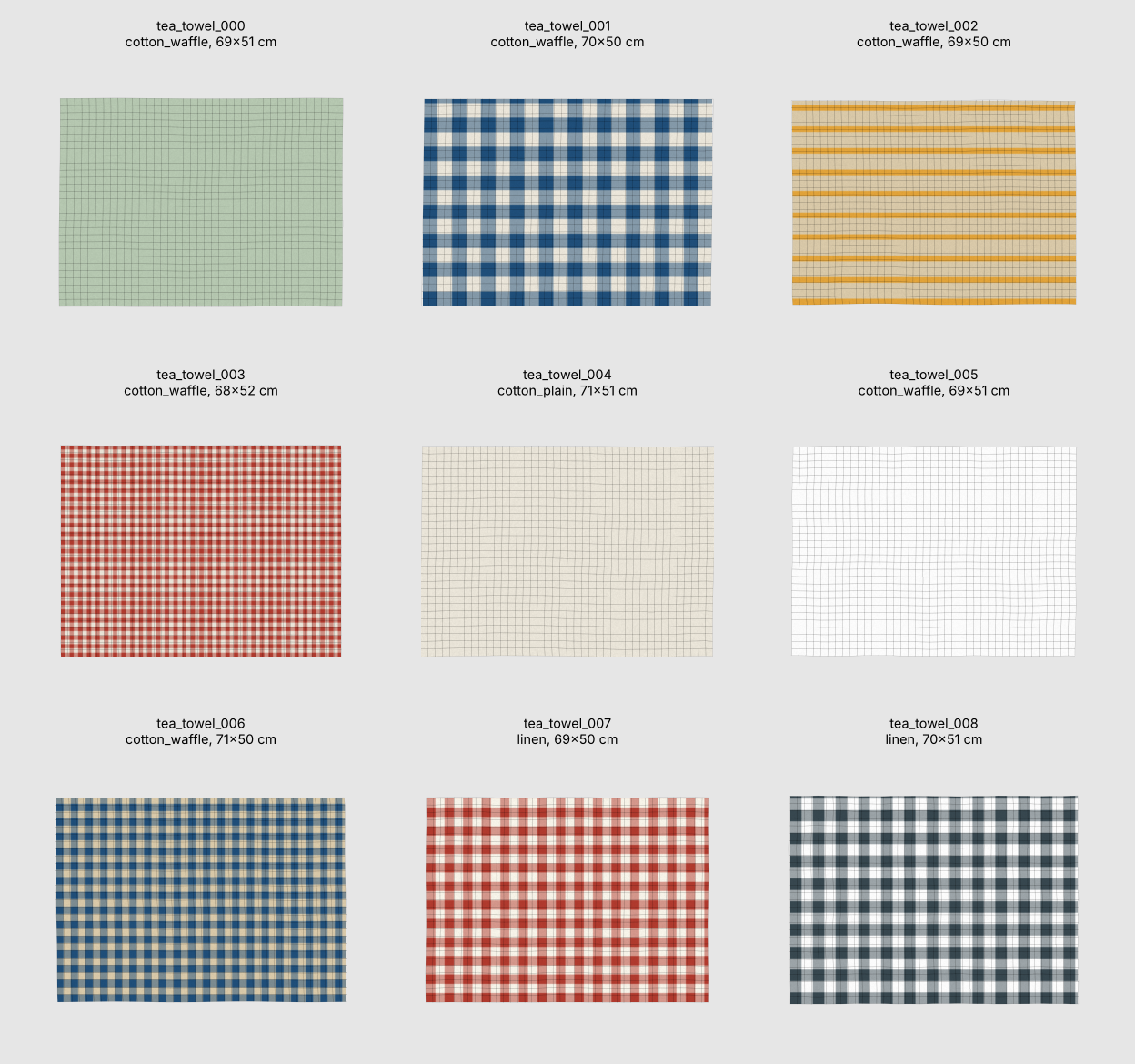 Flat preview of nine tea towels, with their mesh