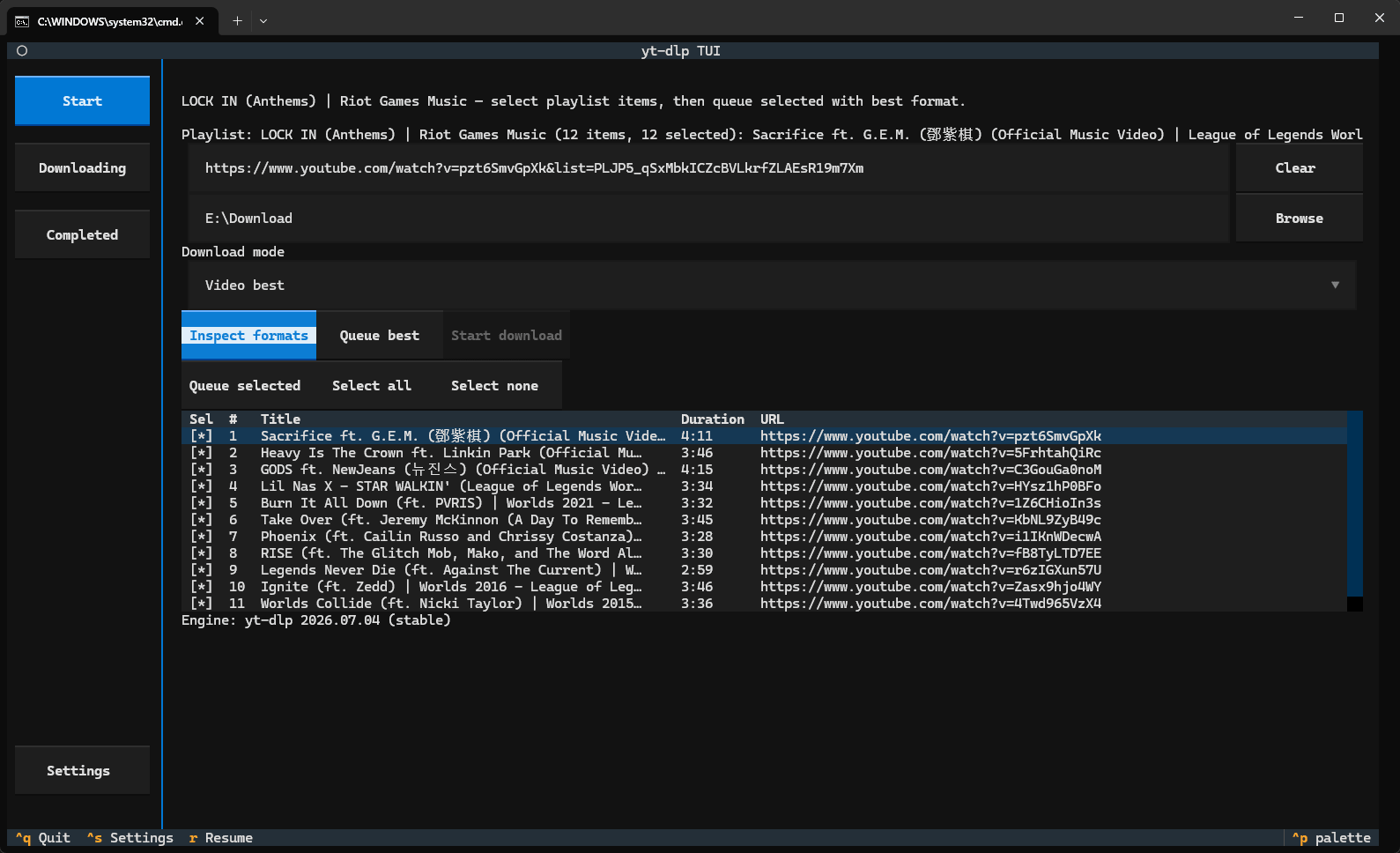 Playlist inspect view with selectable items and queue controls