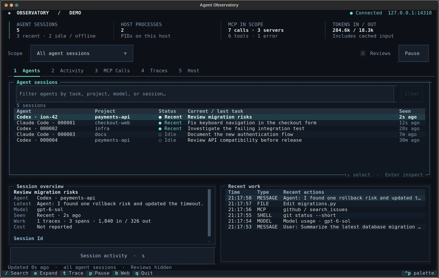 Animated preview of the Agent Observatory terminal cockpit with agents, MCP calls, traces, and host processes