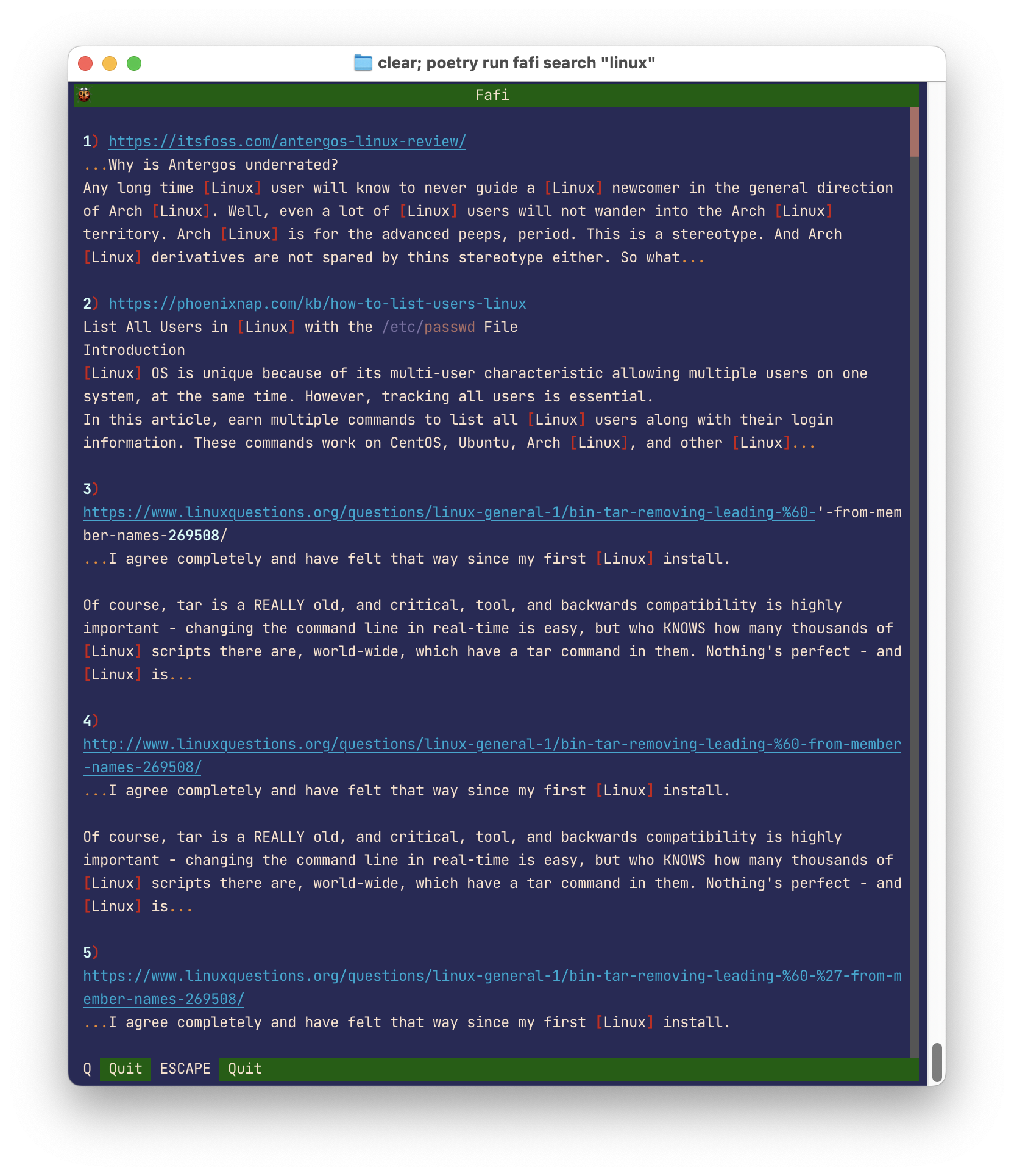 TUI results for search query "linux"