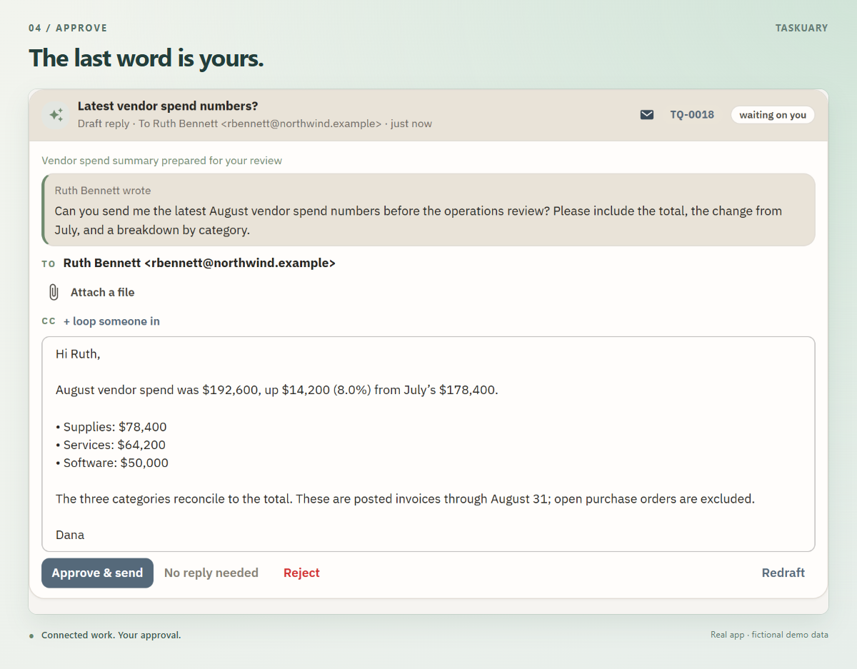 Review shows Ruth's original request and the prepared reply, with Approve & send waiting for the owner.