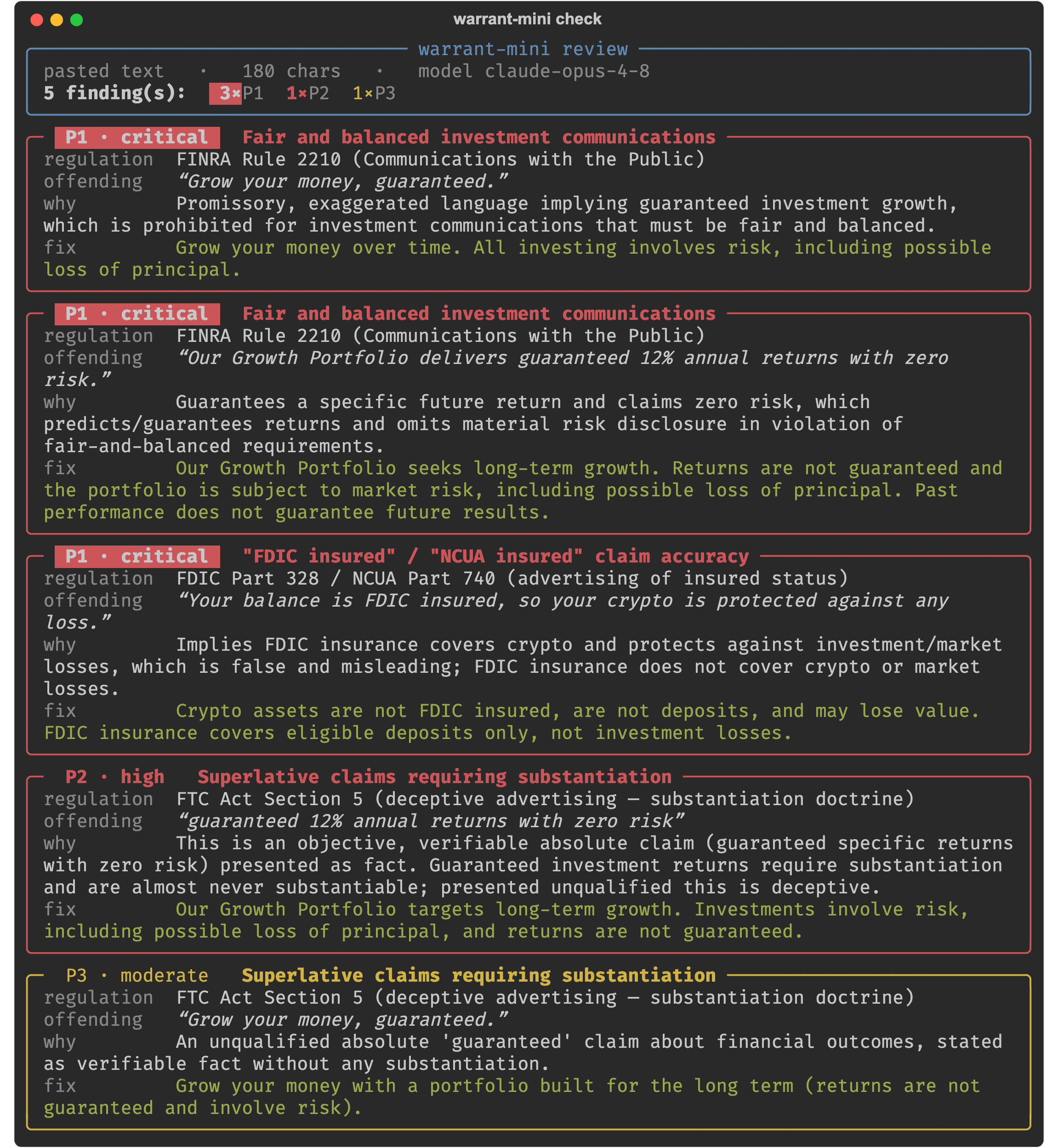 warrant-mini CLI output — risk-tiered findings for planted violations