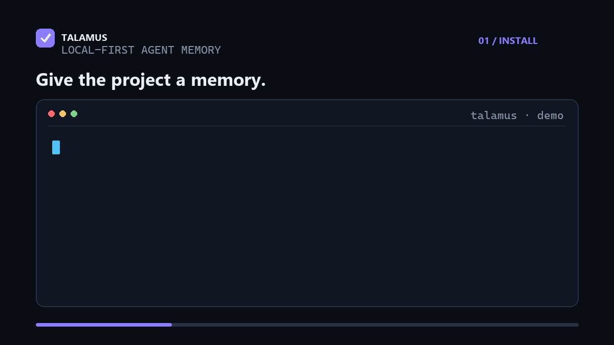 Talamus demo — a completed agent session becomes cited, local memory for the next one.