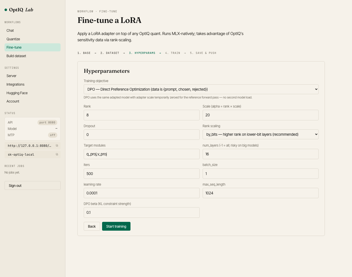 OptIQ Lab — fine-tune with DPO selected