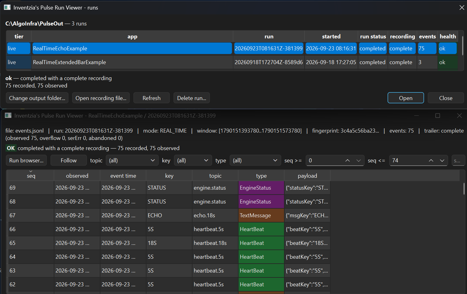 The run browser listing runs by health, and a run's event stream open in its own window