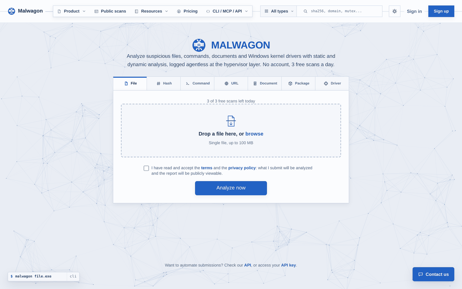 Malwagon malware analysis sandbox home page showing the file, hash, command, URL, document, package and kernel driver submission tabs above a drag and drop upload area