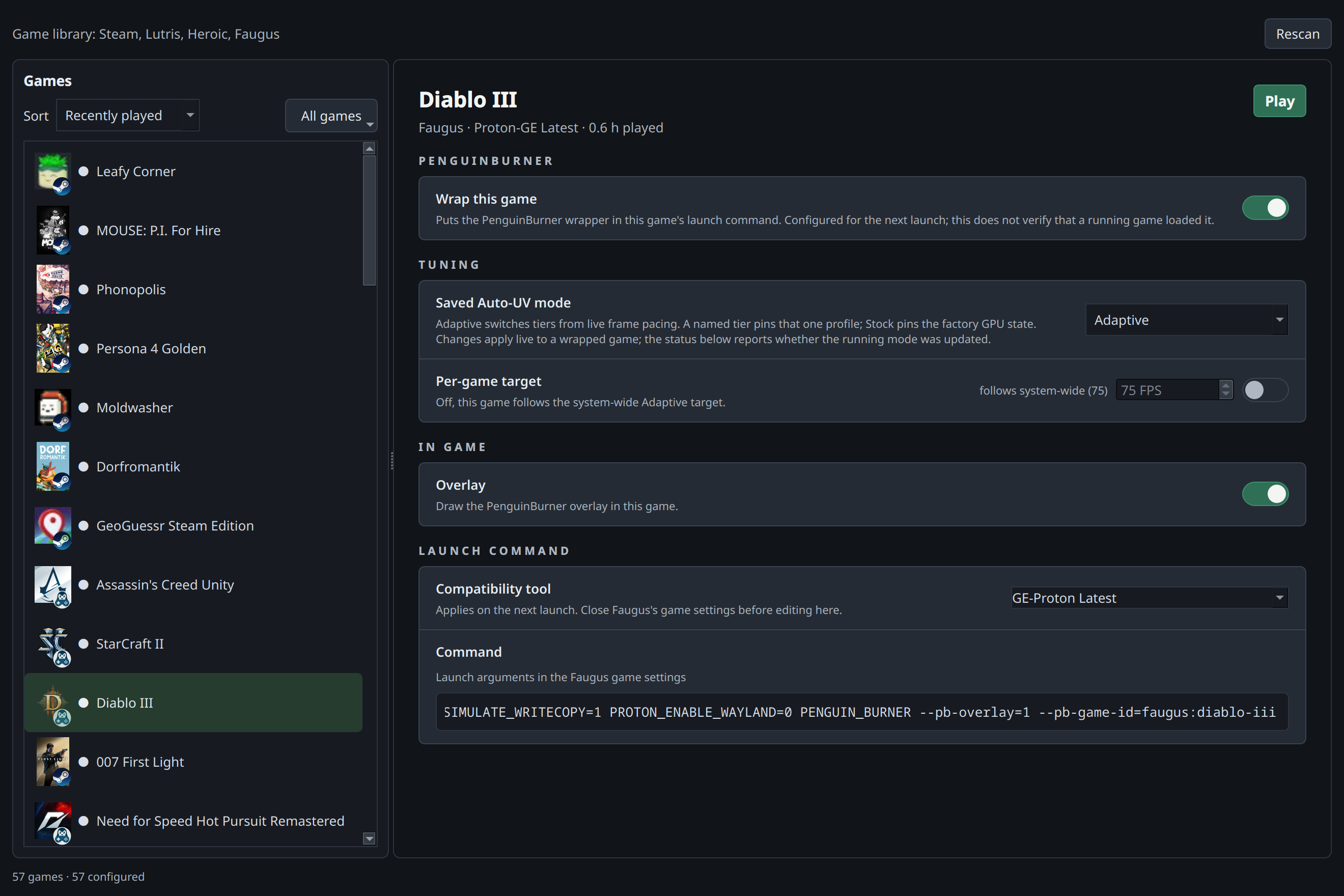 Game Library with a Faugus game's Adaptive settings, Proton selection and overlay controls
