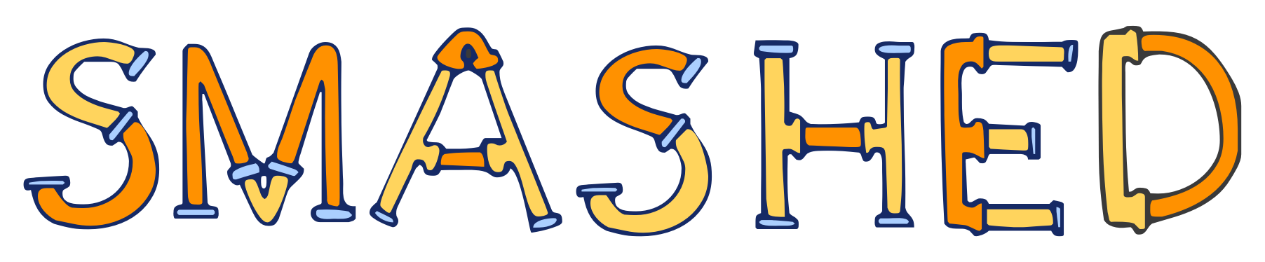 Colorful logo of smashed. It is the word smashed written in a playful font that vaguely looks like pipes.
