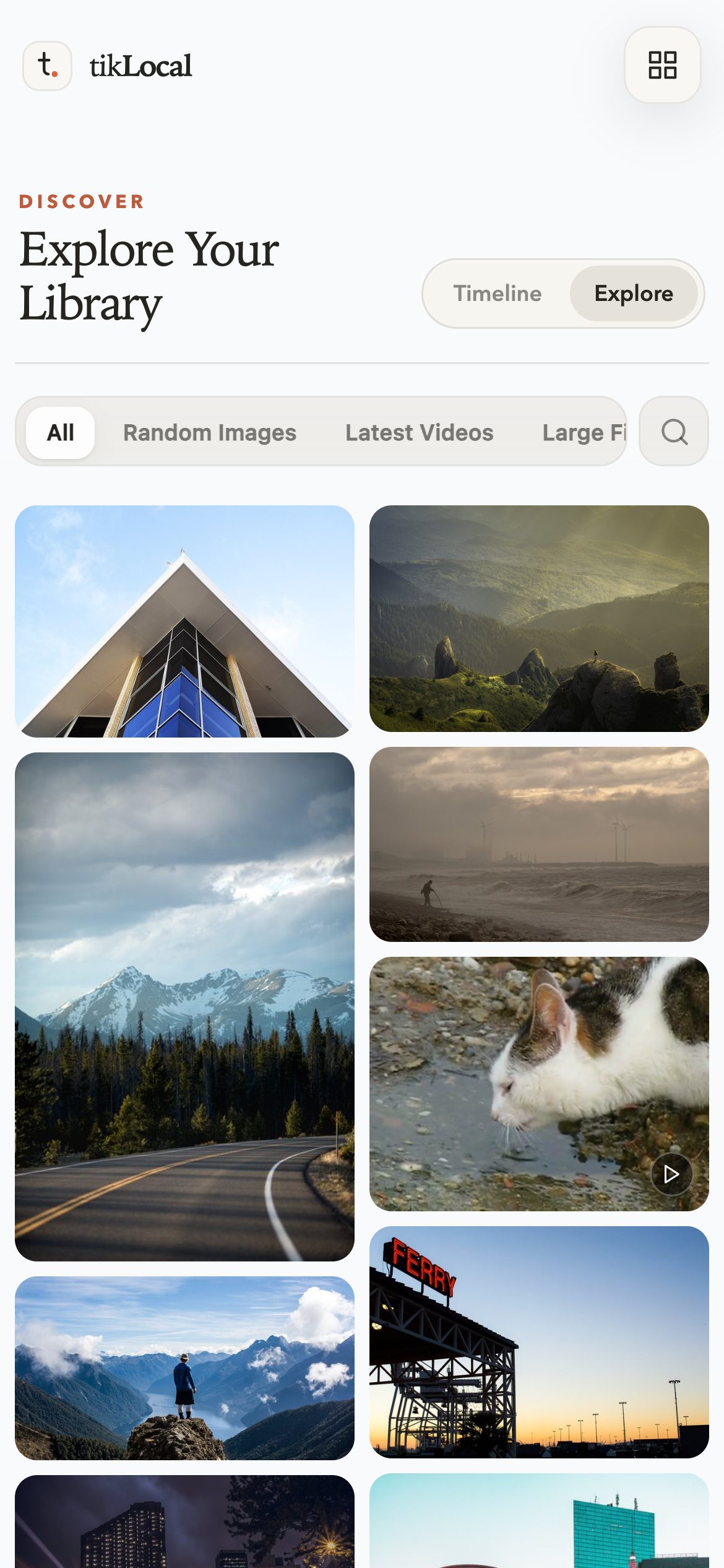 Library: a two-column grid of landscape and city photos