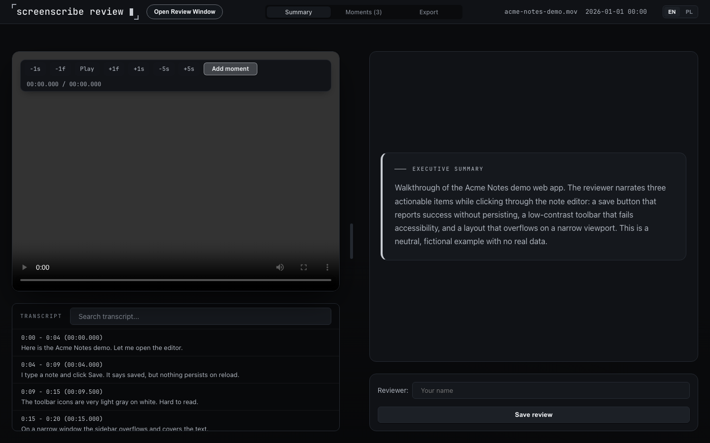 screenscribe example report — interactive dashboard with an executive summary and synchronized transcript
