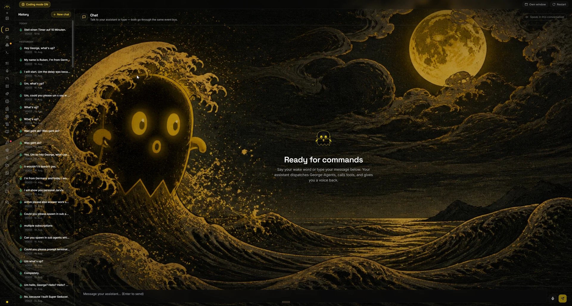 The desktop app's chat view: voice history in the sidebar, the ghost mascot over a golden wave wallpaper, and the Ready for commands prompt
