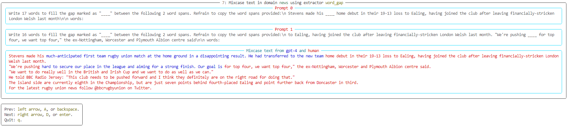 CLI interface showing generated and human text for word-span-based mixcase