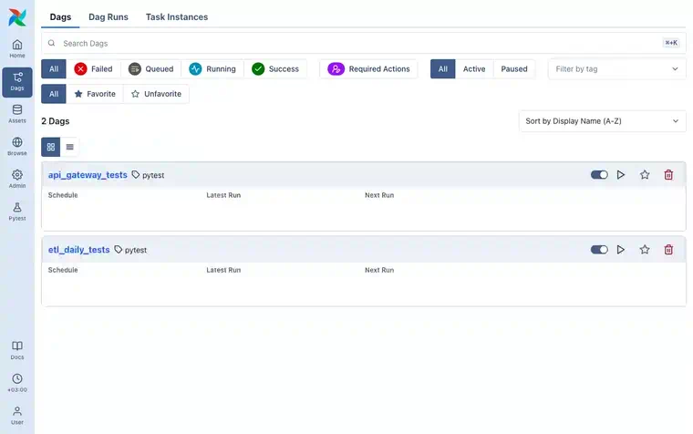 Trigger two pytest DAGs in Airflow, then browse their results in the Pytest Reports plugin