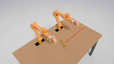 Two YAM arms thread a rope through a ring in an agent-built simulation