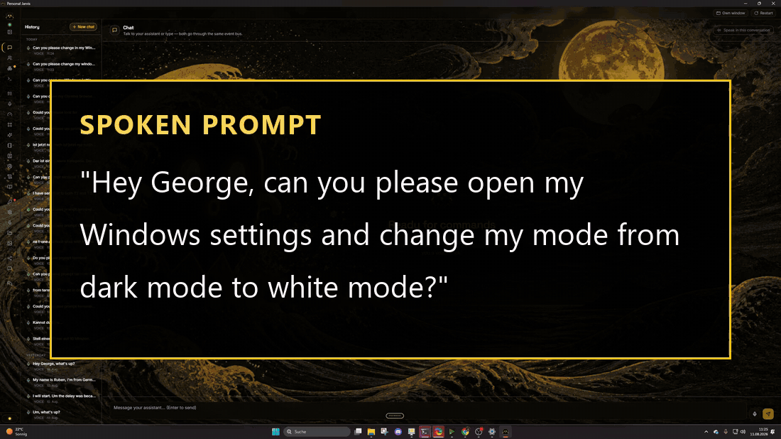 Animated demo showing the spoken prompt, Jarvis opening Windows Settings, and switching display mode from dark to light