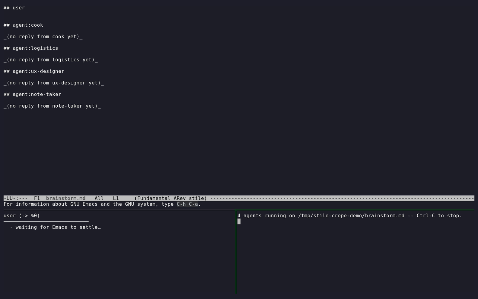 chorale demo: three Claude personas + a note-taker brainstorming with a user in one shared file