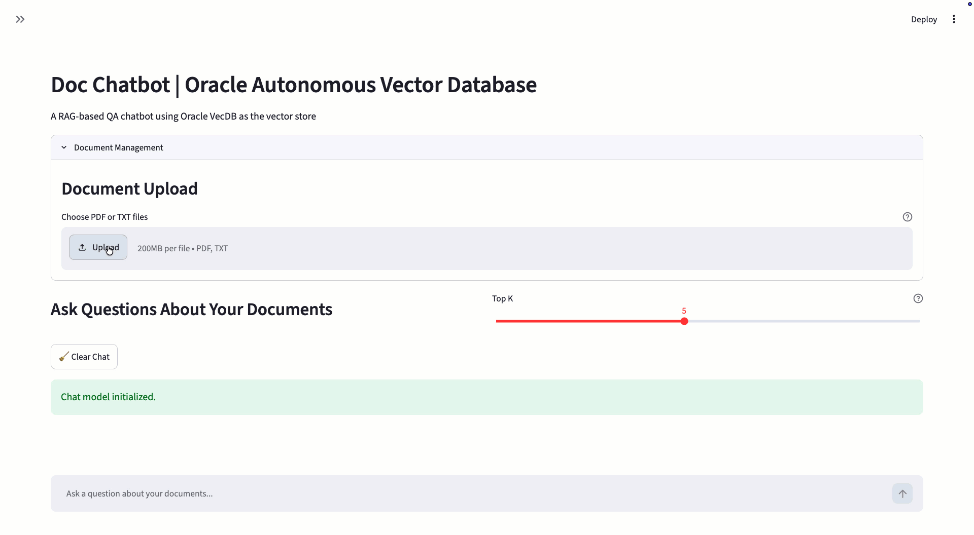 Document Chatbot UI showing uploaded documents, a user question, retrieved context, and a grounded answer