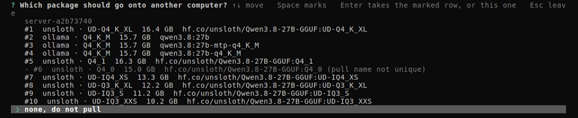 Which package should go onto another computer? The rows #1 to #10 of the machine entered by hand under its name, #6 locked as pull name not unique, and none, do not pull