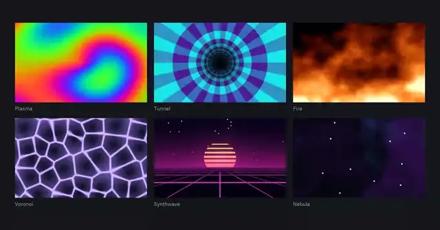 Plasma, tunnel, fire, Voronoi, synthwave and nebula shaders moving