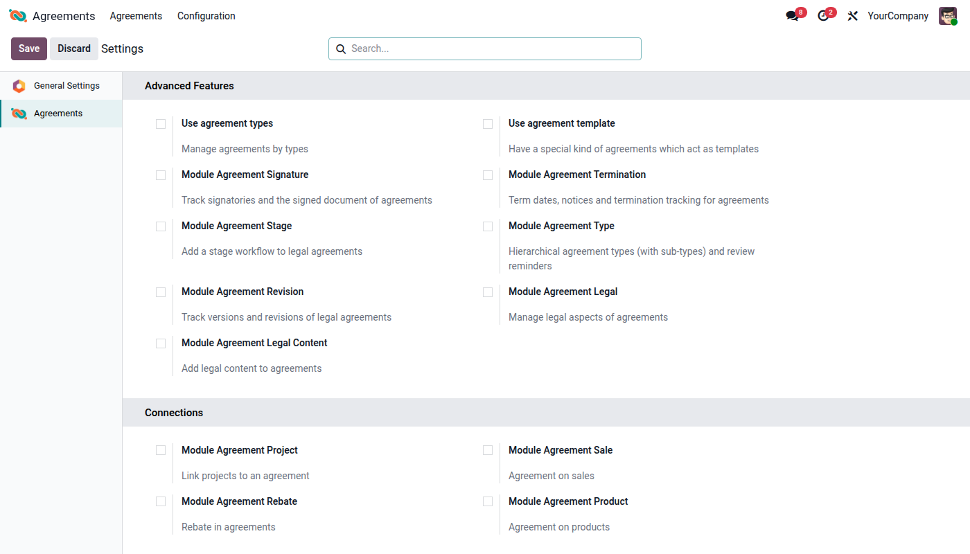 Agreements settings