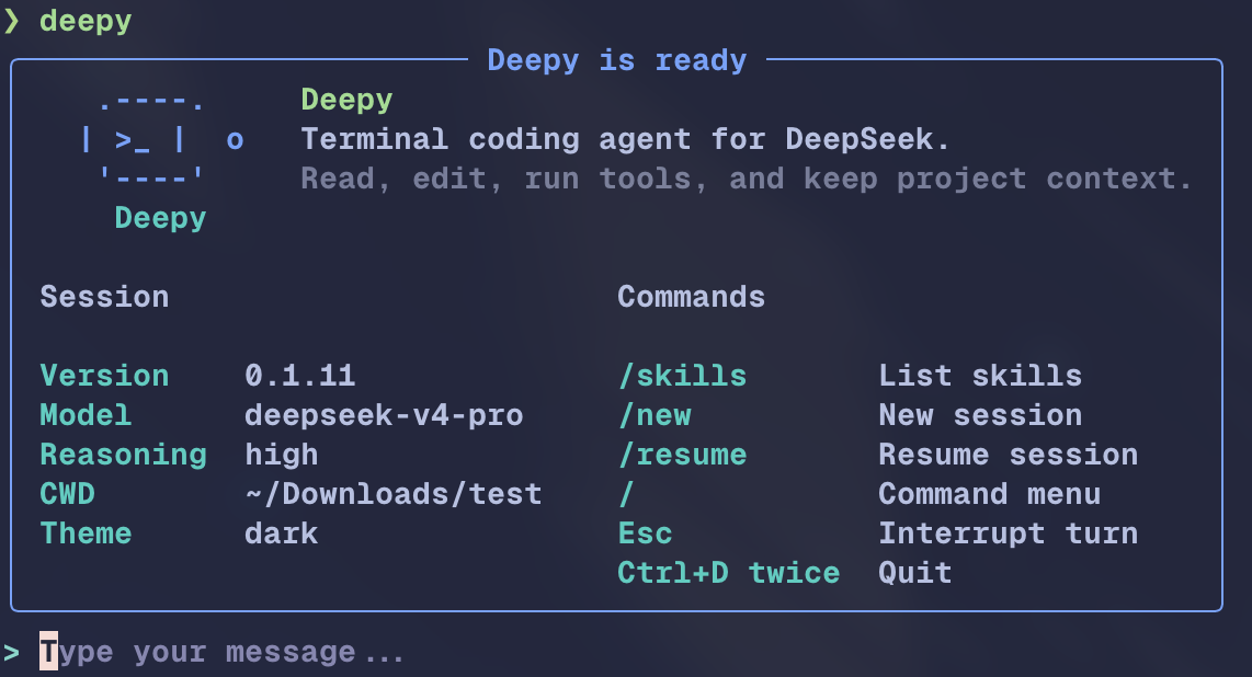 Deepy terminal welcome screen