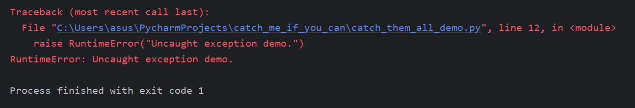 Standard Python traceback for the same uncaught RuntimeError