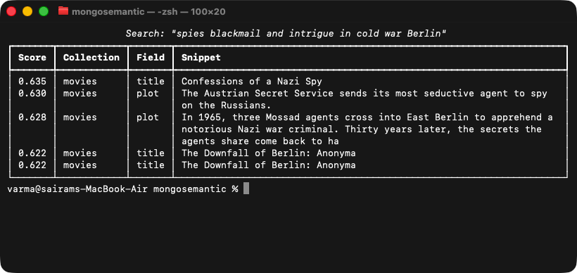 CLI semantic search over 23k movie plots — finds Cold-War spy thrillers from a meaning-only query