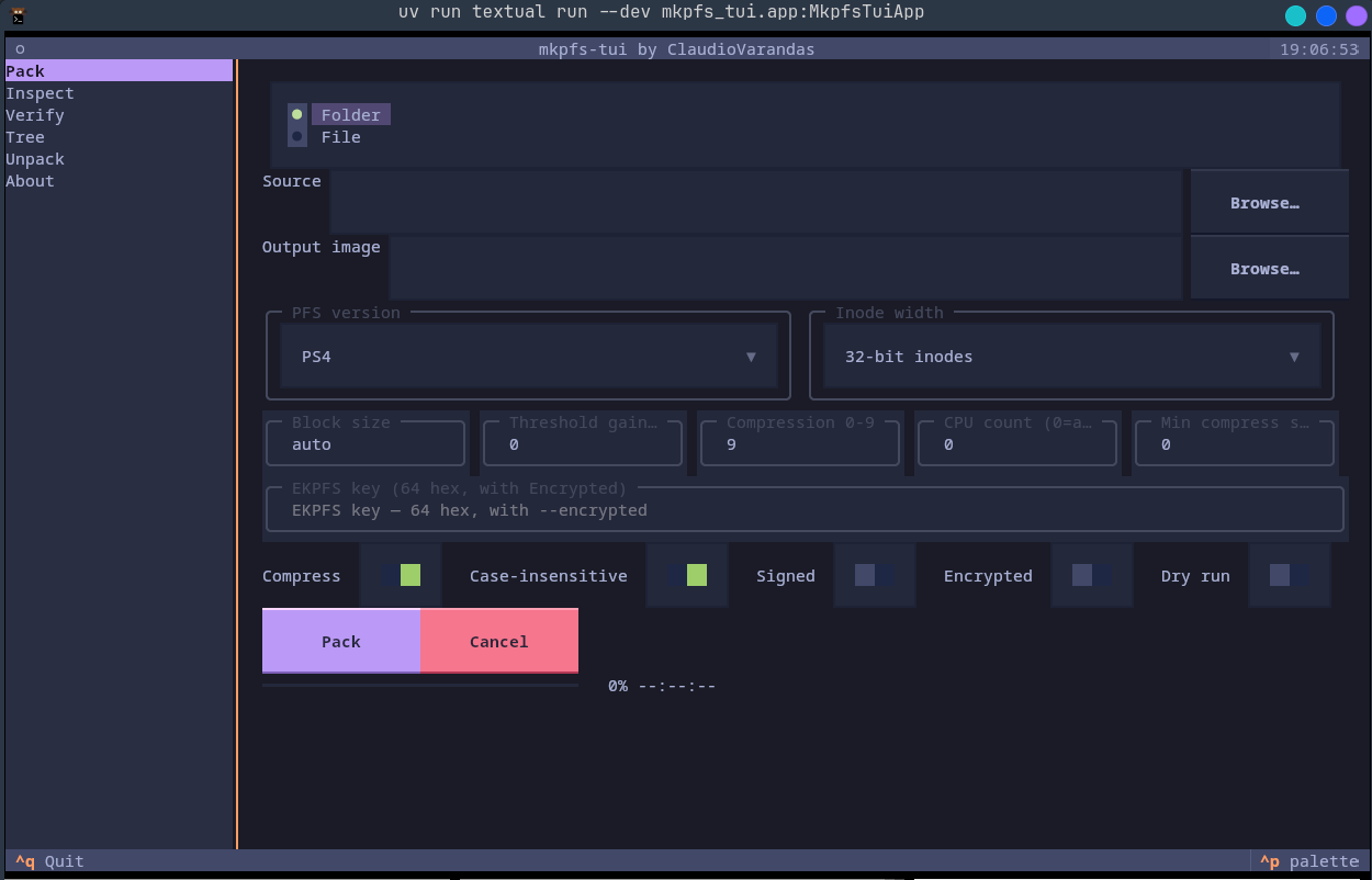 mkpfs-tui — the Pack view