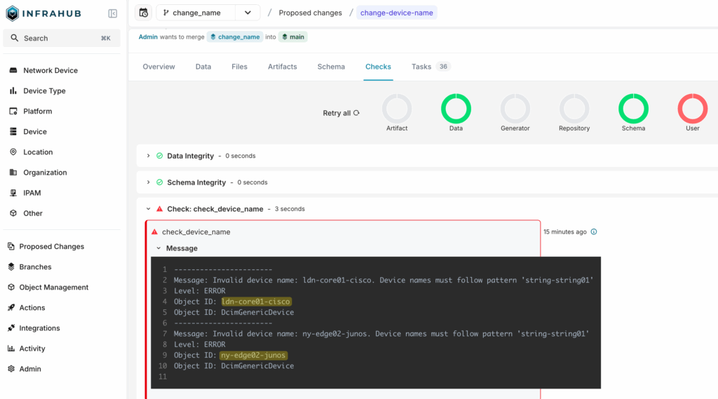 Infrahub CI check failure message inside a proposed change