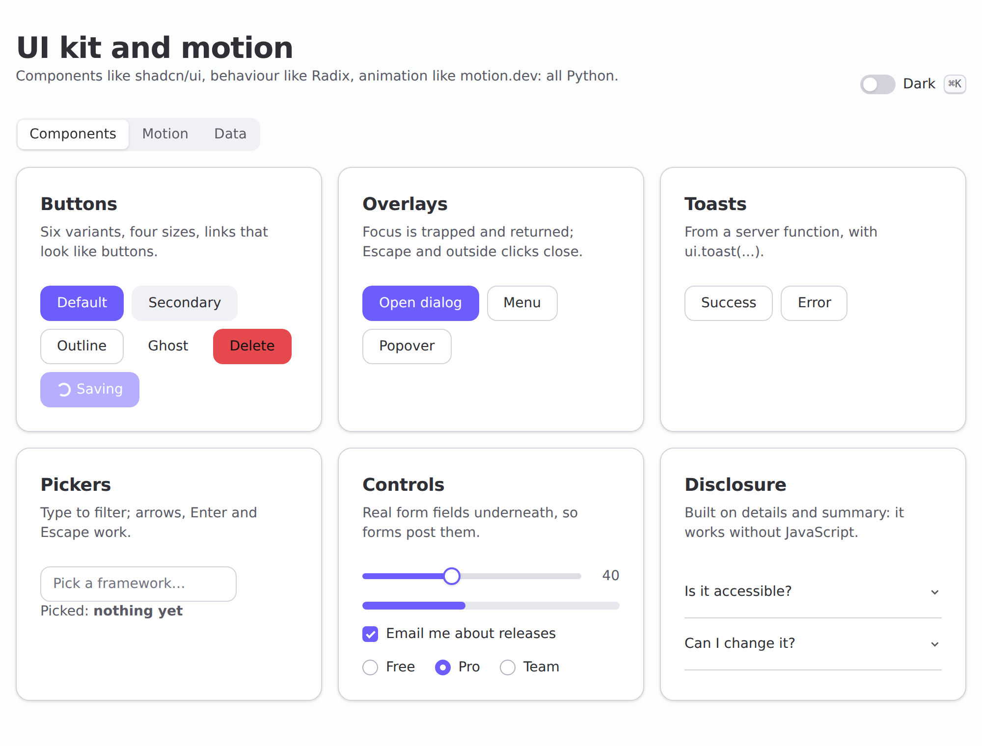 The UI kit tour: buttons, overlays, toasts, pickers, controls and an accordion
