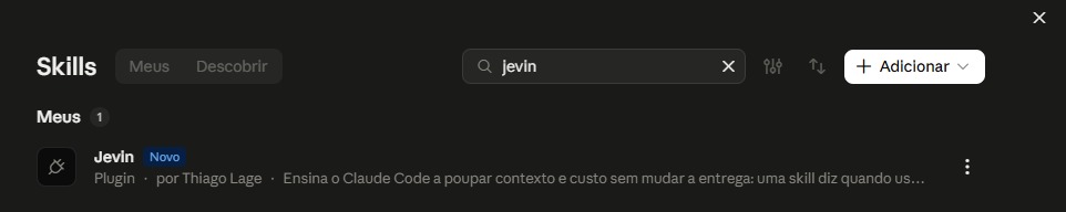Tela Skills do Claude com a busca jevin: o plugin Jevin, por Thiago Lage