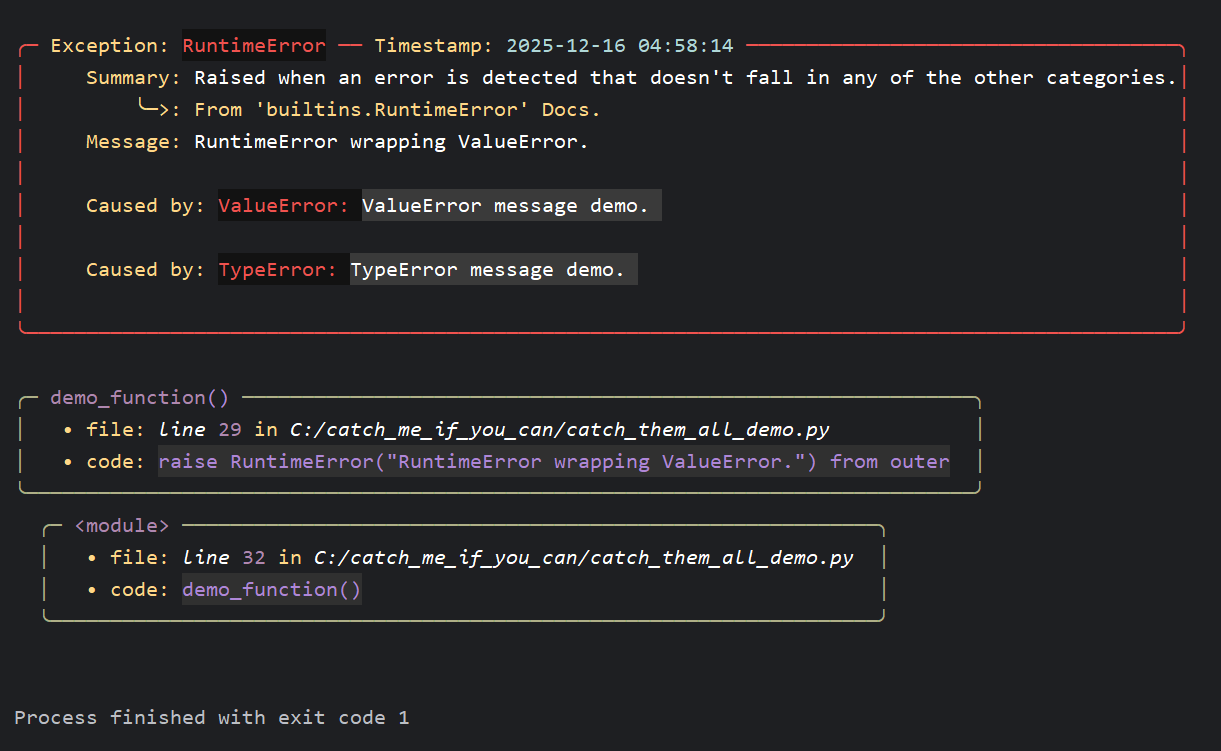 Chained exception (RuntimeError → ValueError → TypeError) with custom red and gray theme