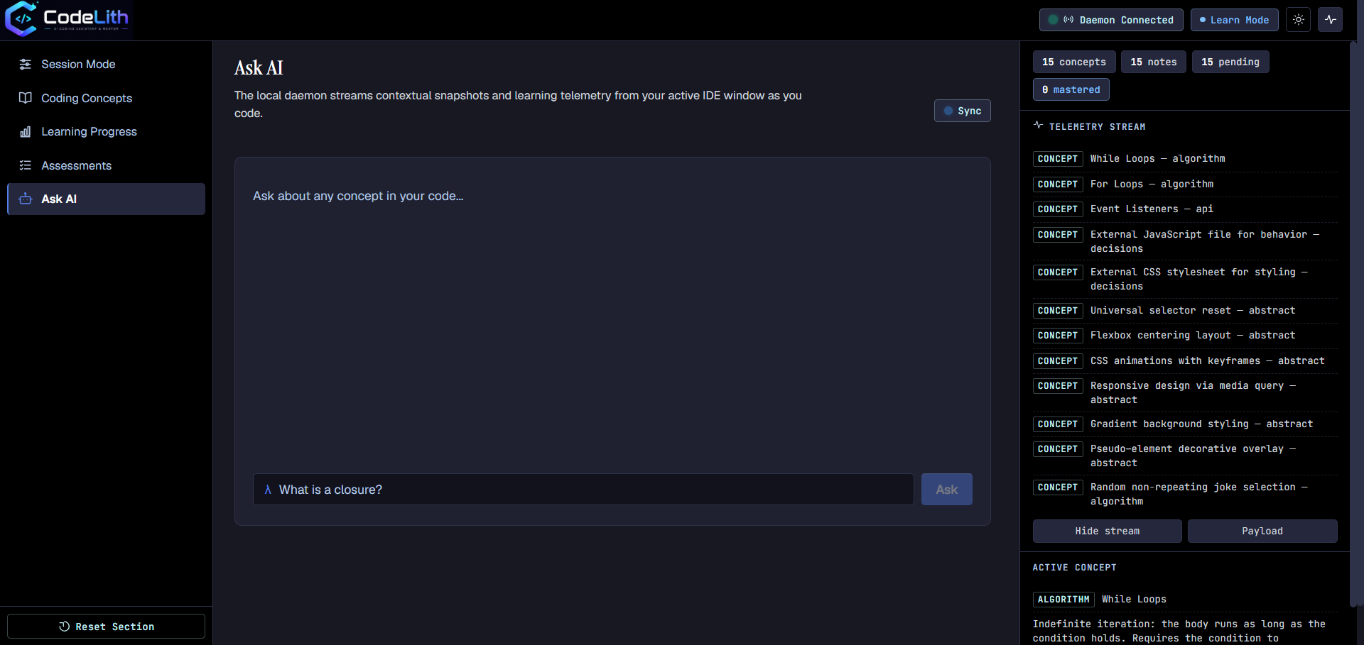 CodeLith Dashboard - Learning Progress